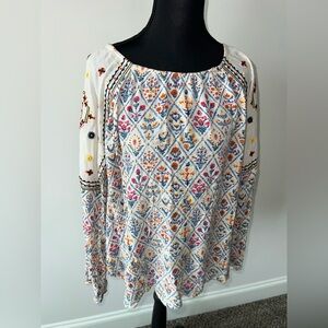 Hannah Floral Embroidered Boho Women's Peasant Blouse Top Size Large